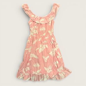 Vintage Pink Tropical Floral Midi Dress Ruffle Neck Sundress Hawaiian 80s Large